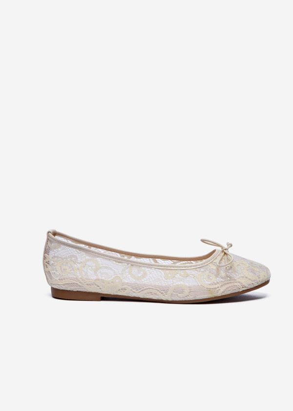Beige Lace Ballet Flats with Bow Detail 3