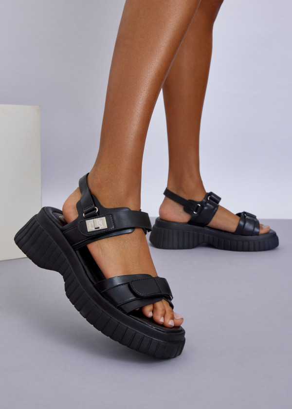 Chunky Black Platform Sandals with Buckle Straps