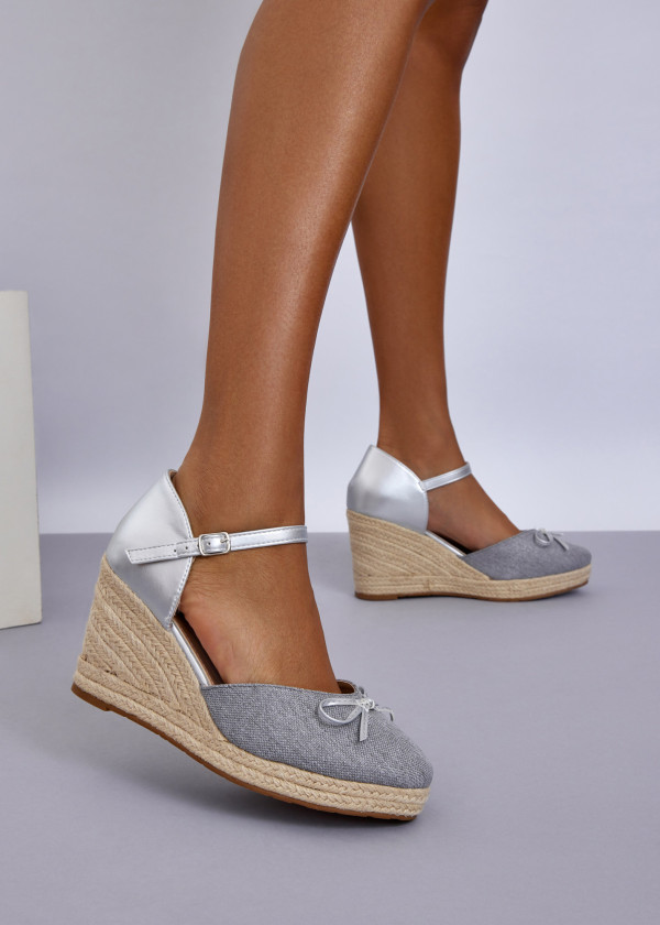 Silver & Grey Espadrille Wedge Heels with Ankle Strap 4