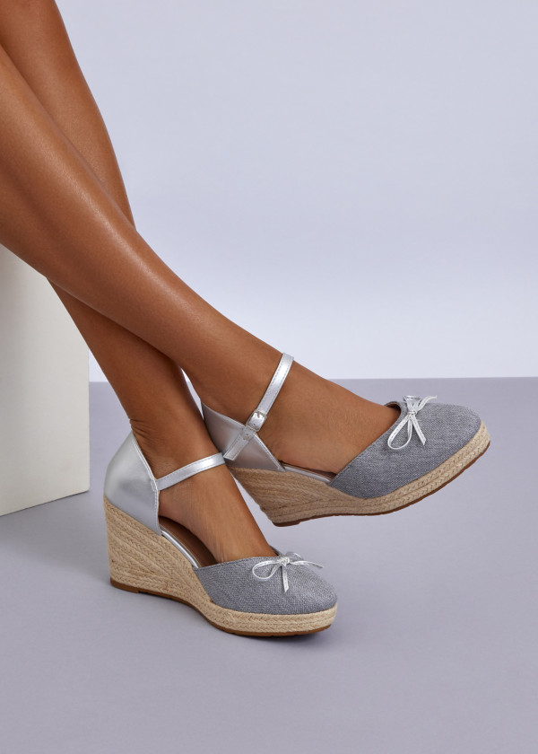 Silver & Grey Espadrille Wedge Heels with Ankle Strap 1