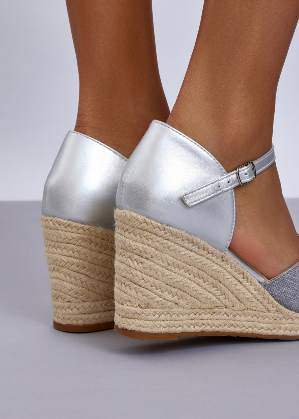 Silver & Grey Espadrille Wedge Heels with Ankle Strap 2