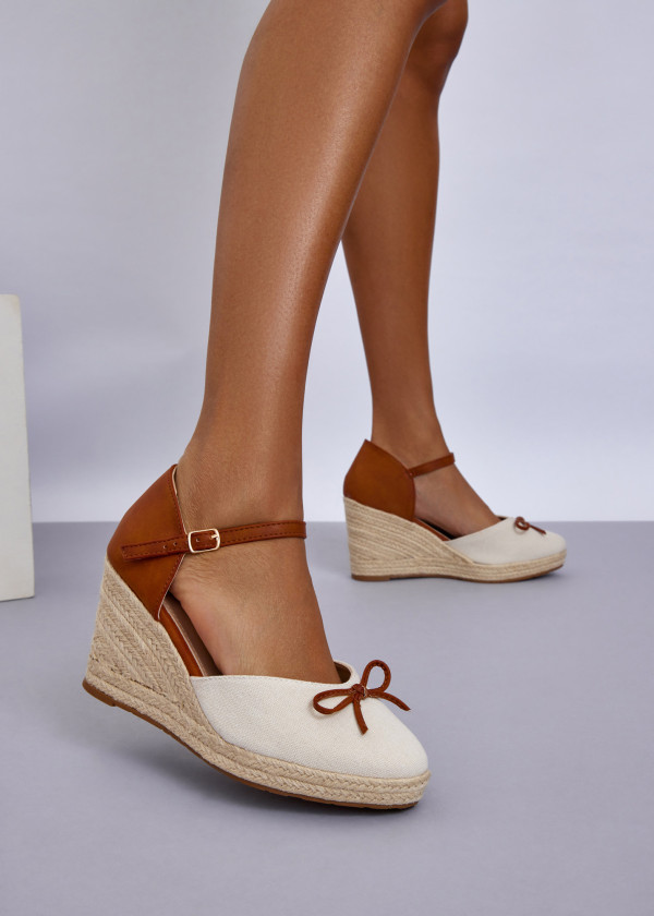 Beige & Tan Espadrille Wedge Heels with Ankle Strap 4