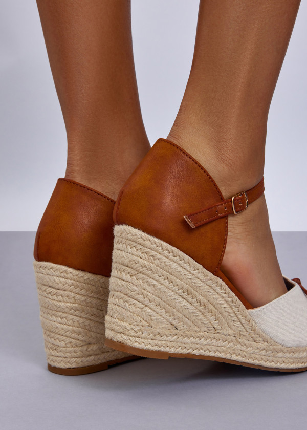 Beige & Tan Espadrille Wedge Heels with Ankle Strap 2