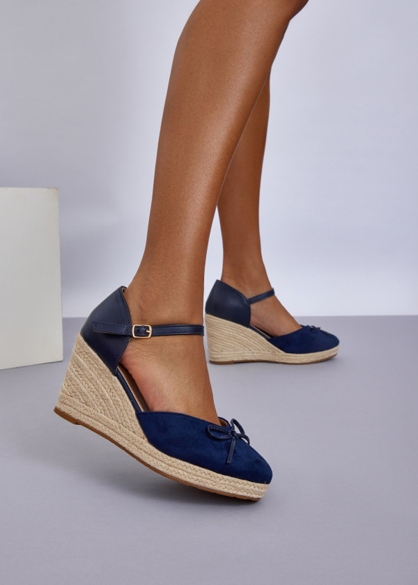 Navy Espadrille Wedges with Ankle Strap & Bow Accent