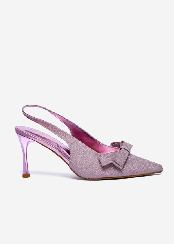 Pink Glitter Slingback Heels with Bow Detail 3