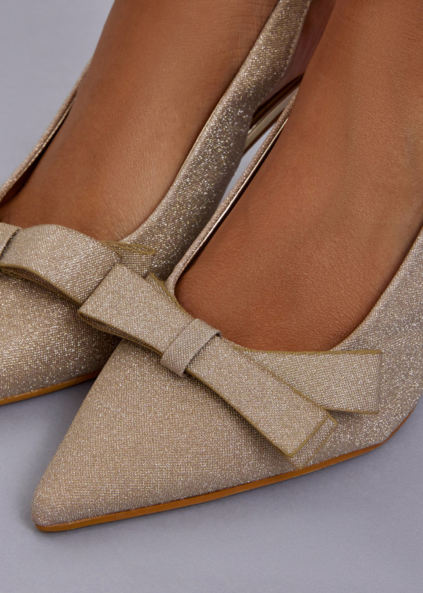 Gold Glitter Slingback Heels with Bow Detail 2