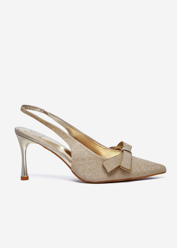Gold Glitter Slingback Heels with Bow Detail 3