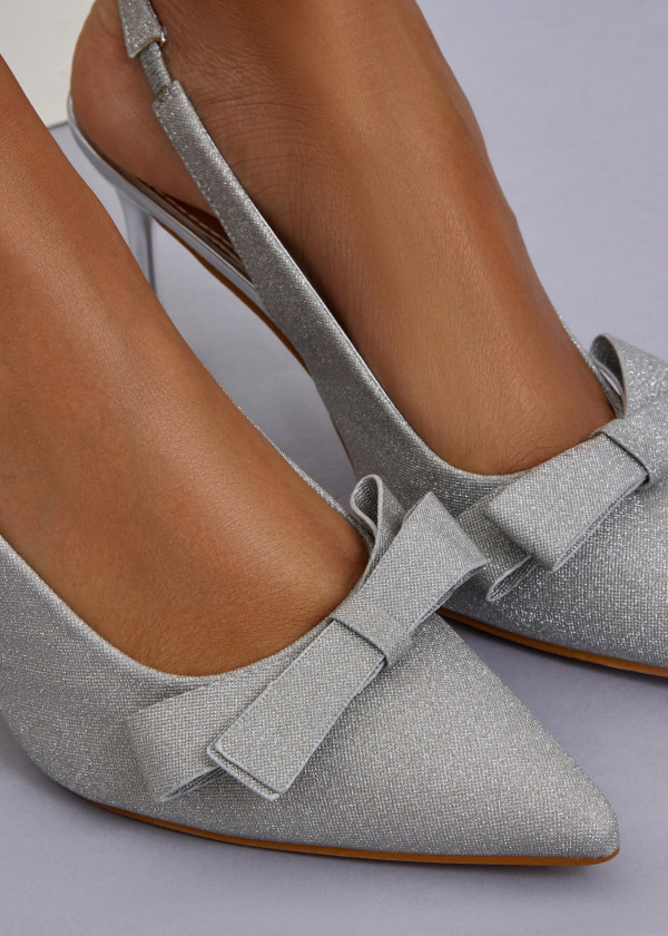 Silver Glitter Slingback Heels with Bow Accent 2