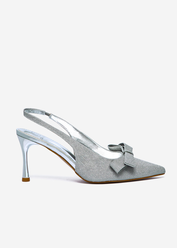 Silver Glitter Slingback Heels with Bow Accent 3