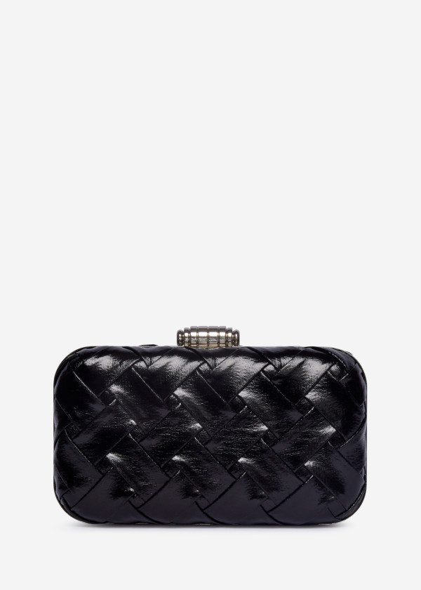 Woven Black Box Clutch with Metallic Details