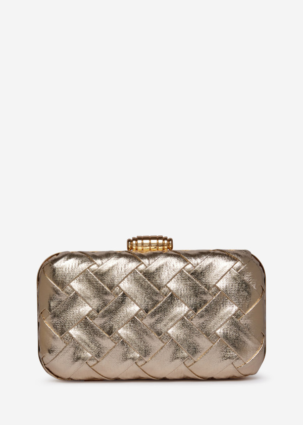 Woven Gold Box Clutch with Metallic Details