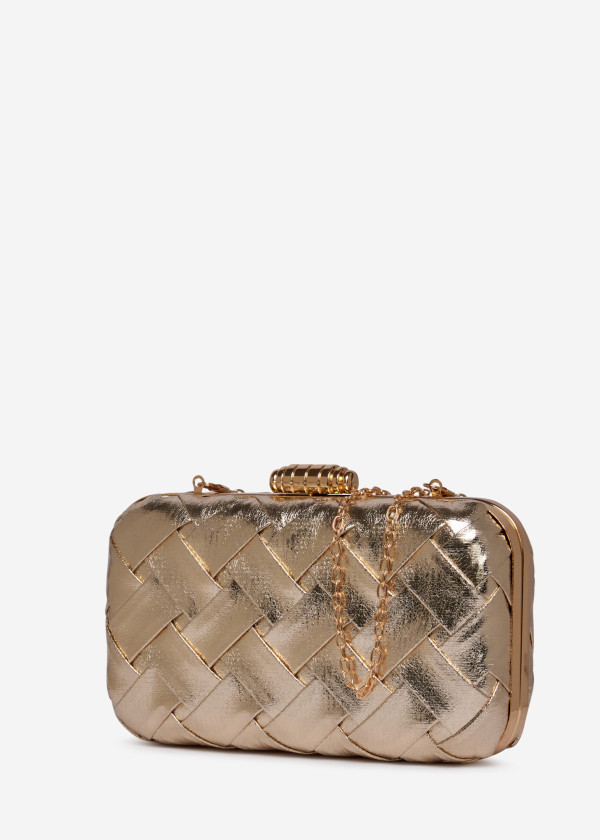 Woven Gold Box Clutch with Metallic Details 1