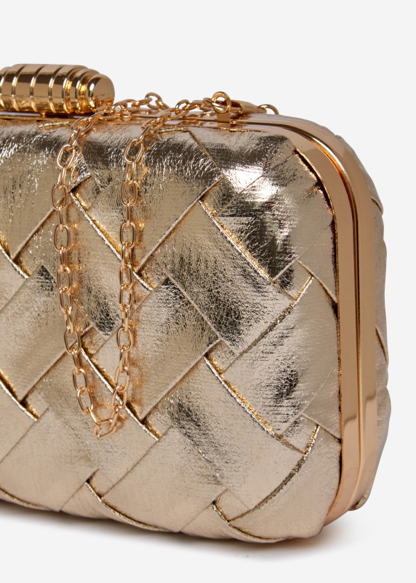 Woven Gold Box Clutch with Metallic Details 2