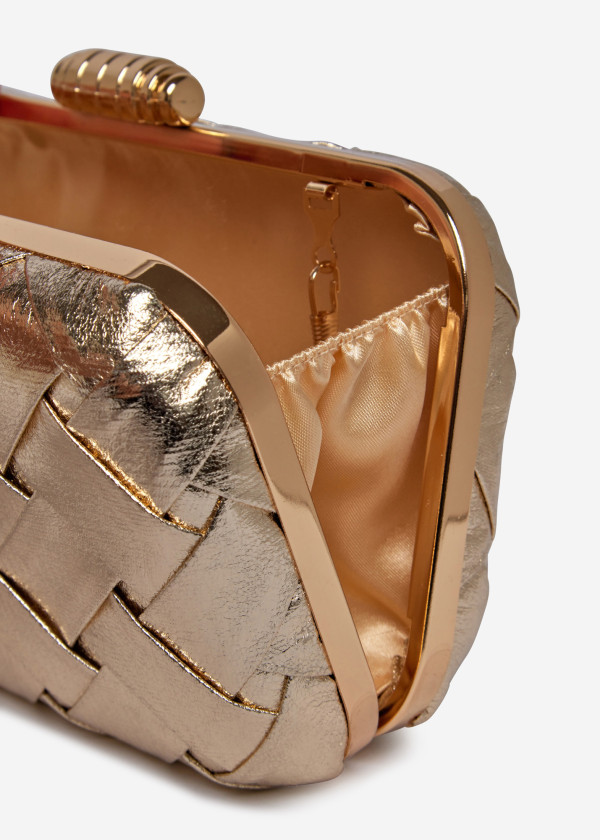 Woven Gold Box Clutch with Metallic Details 3