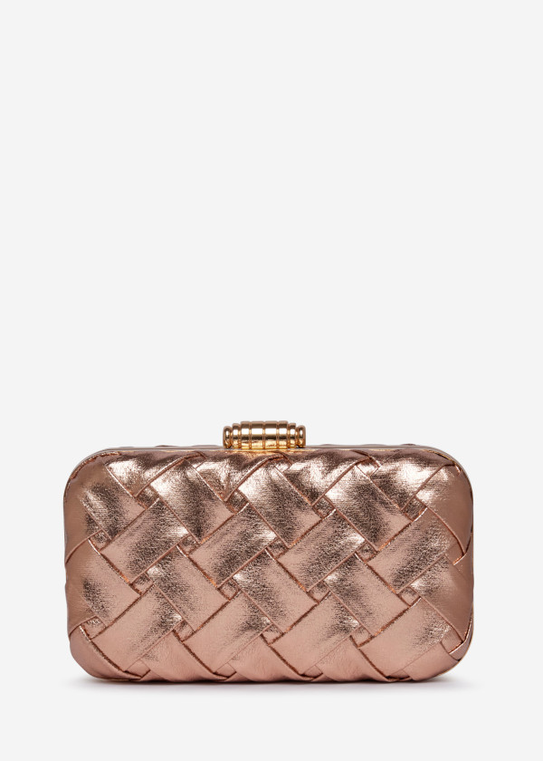 Woven Rose Gold Box Clutch with Metallic Details