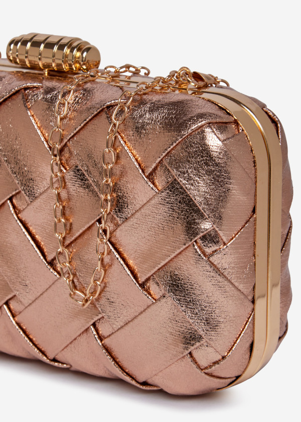 Woven Rose Gold Box Clutch with Metallic Details 2