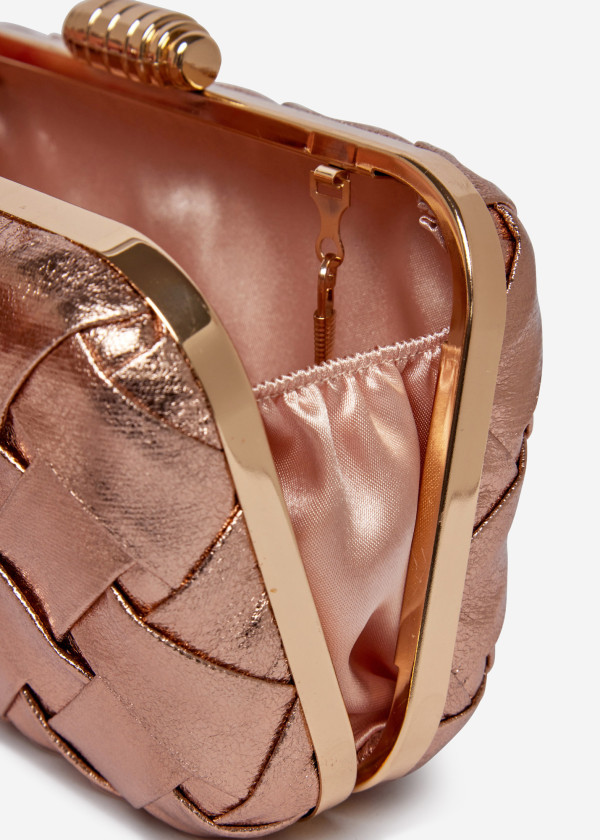 Woven Rose Gold Box Clutch with Metallic Details 3