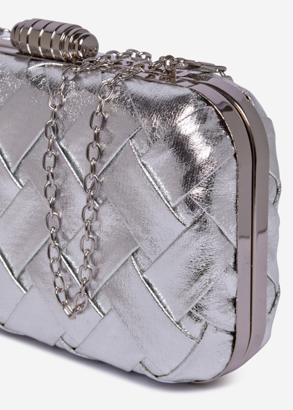 Woven Silver Box Clutch with Metallic Details 2