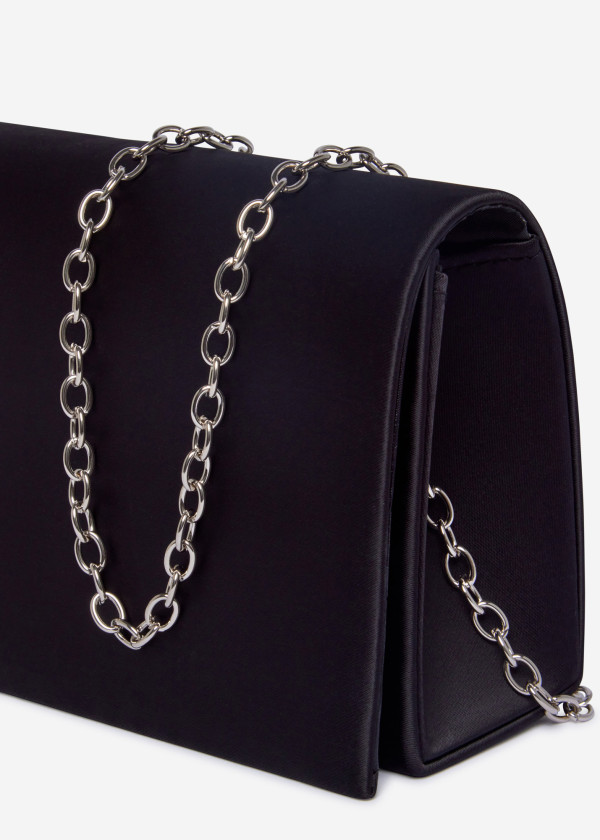 Elegant Black Satin Clutch with Silver Chain 2