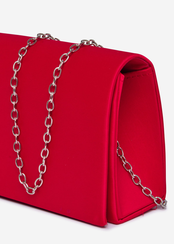 Elegant Red Satin Clutch with Silver Chain 2