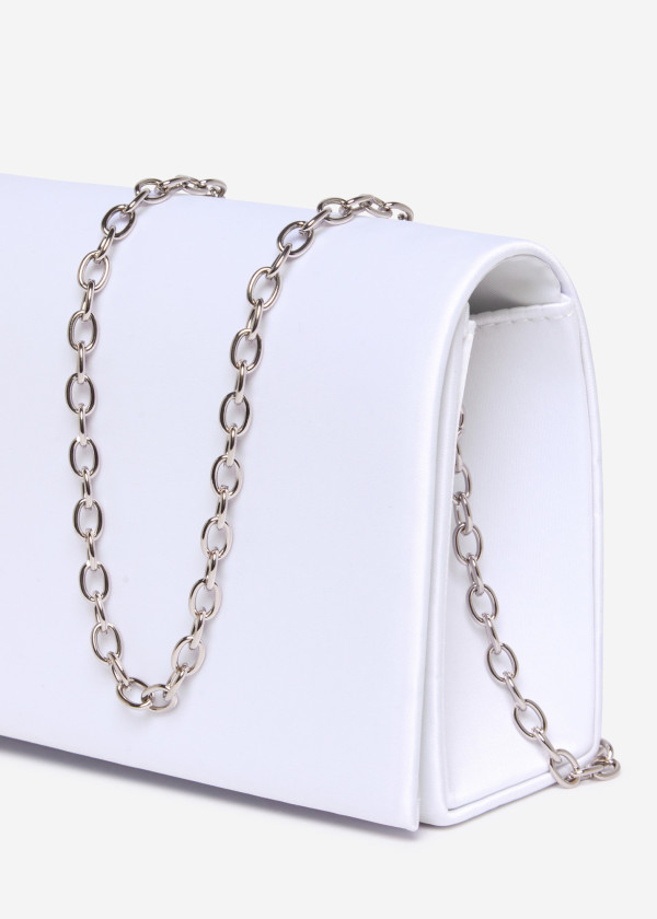Elegant White Satin Clutch with Silver Chain 2