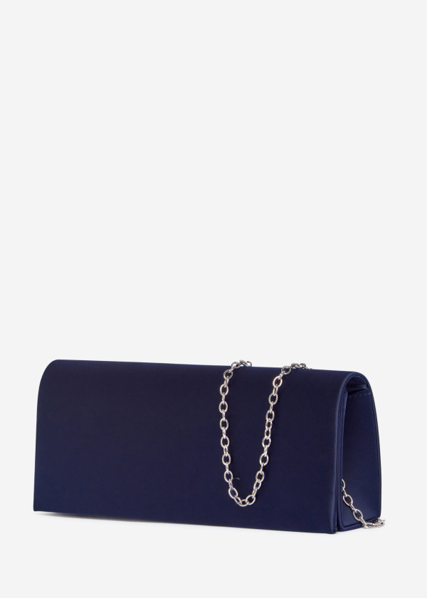 Elegant Navy Satin Clutch with Silver Chain 1