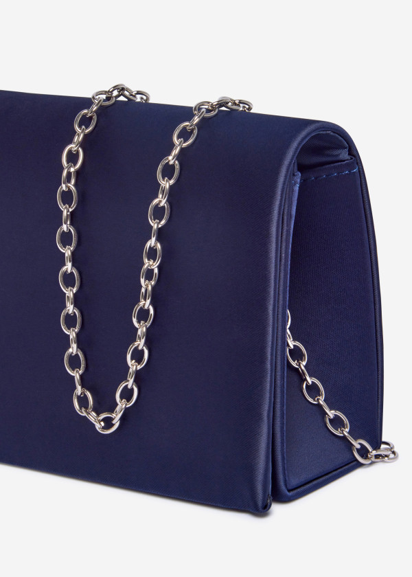 Elegant Navy Satin Clutch with Silver Chain 2