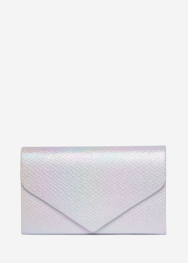 Iridescent White Envelope Clutch Bag with Silver Chain 4