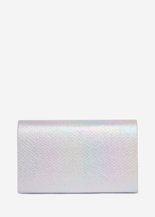 Iridescent White Envelope Clutch Bag with Silver Chain 1