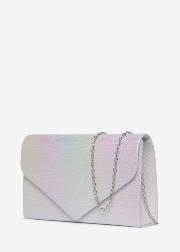 Iridescent White Envelope Clutch Bag with Silver Chain 2