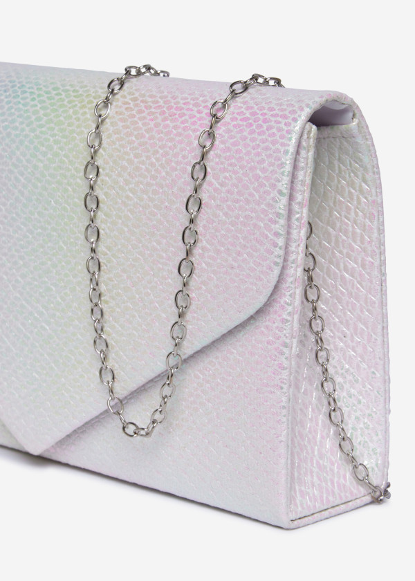 Iridescent White Envelope Clutch Bag with Silver Chain 3