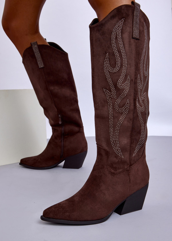 Brown Suede Western Knee-High Boots with Studded Flame Design 4