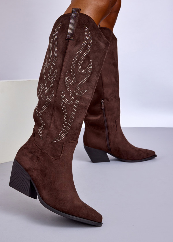 Brown Suede Western Knee-High Boots with Studded Flame Design 1