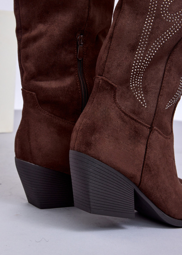 Brown Suede Western Knee-High Boots with Studded Flame Design 2