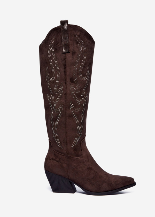 Brown Suede Western Knee-High Boots with Studded Flame Design 3