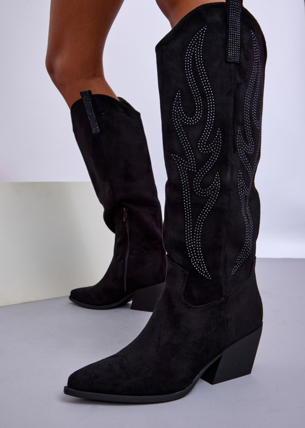Black Suede Knee-High Western Boots with Studded Detail
