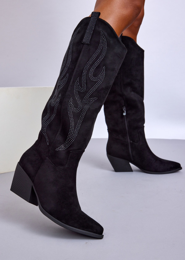 Black Suede Knee-High Western Boots with Studded Detail 1