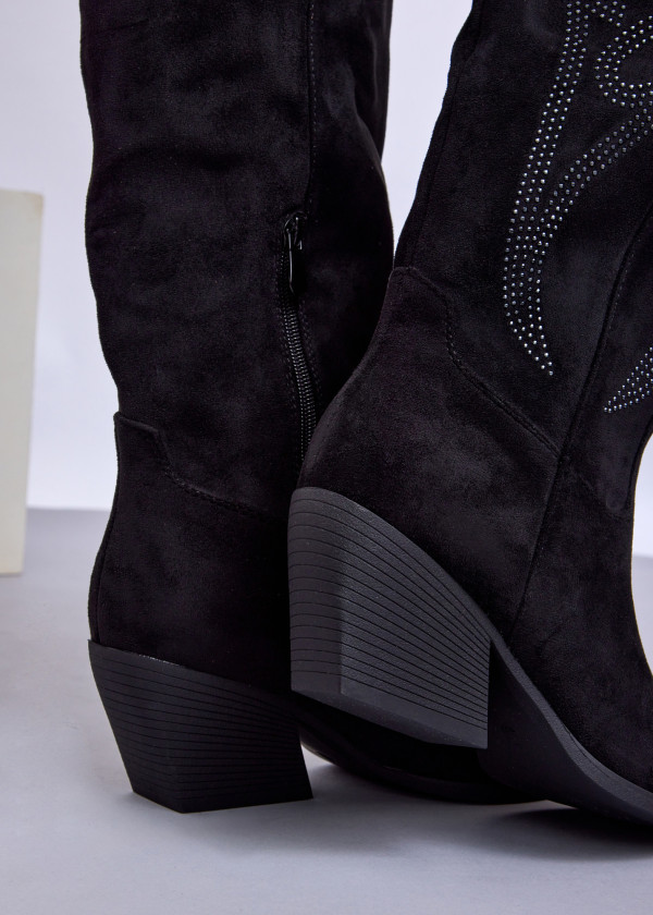 Black Suede Knee-High Western Boots with Studded Detail 2