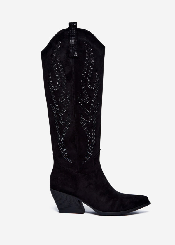 Black Suede Knee-High Western Boots with Studded Detail 3