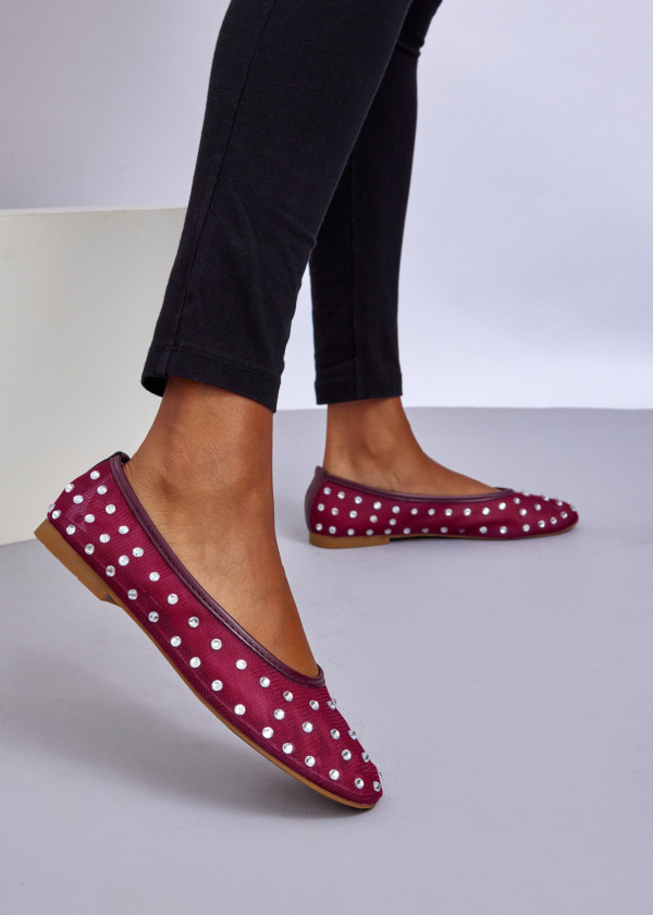 Burgundy Rhinestone Ballet Flats