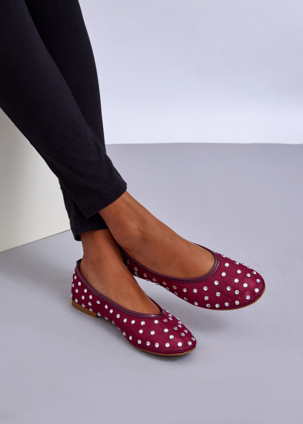 Burgundy Rhinestone Ballet Flats 2
