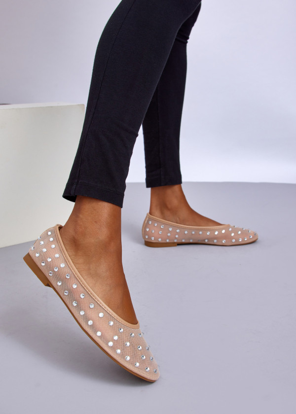 Beige Rhinestone Ballet Flats