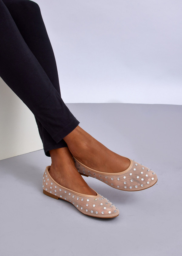 Beige Rhinestone Ballet Flats 1