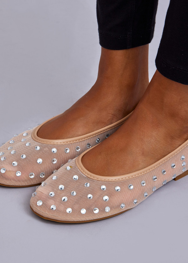 Beige Rhinestone Ballet Flats 2