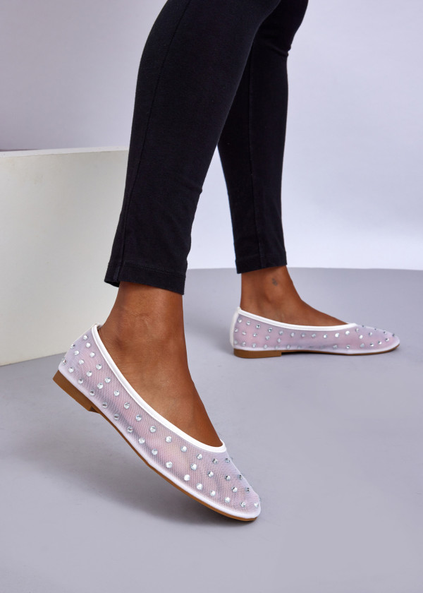 White Rhinestone Ballet Flats