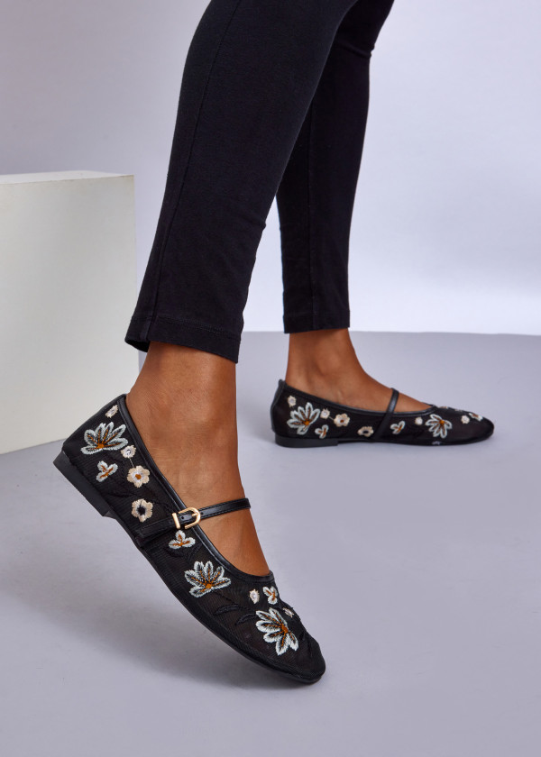 Black Embroidered Mary Jane Flats