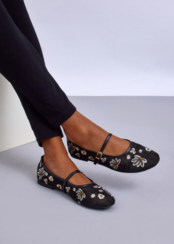 Black Embroidered Mary Jane Flats 1