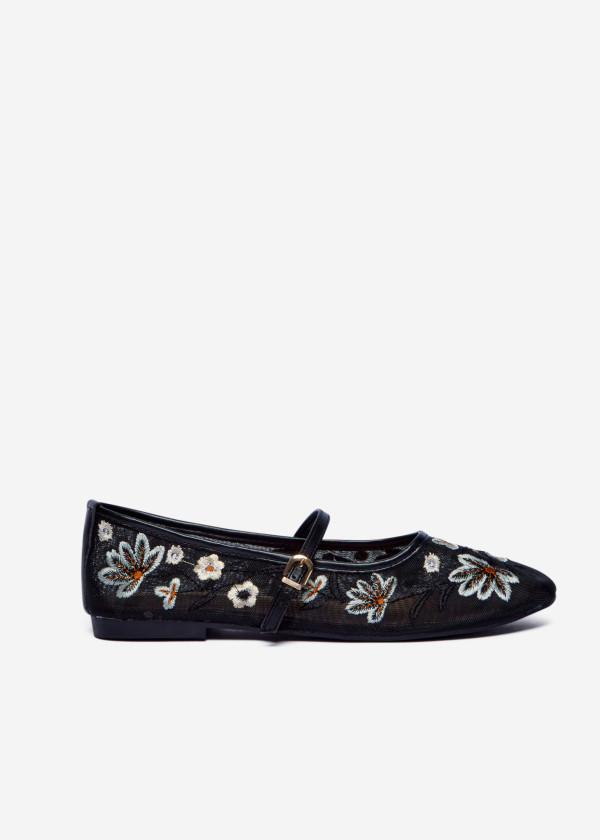 Black Embroidered Mary Jane Flats 3