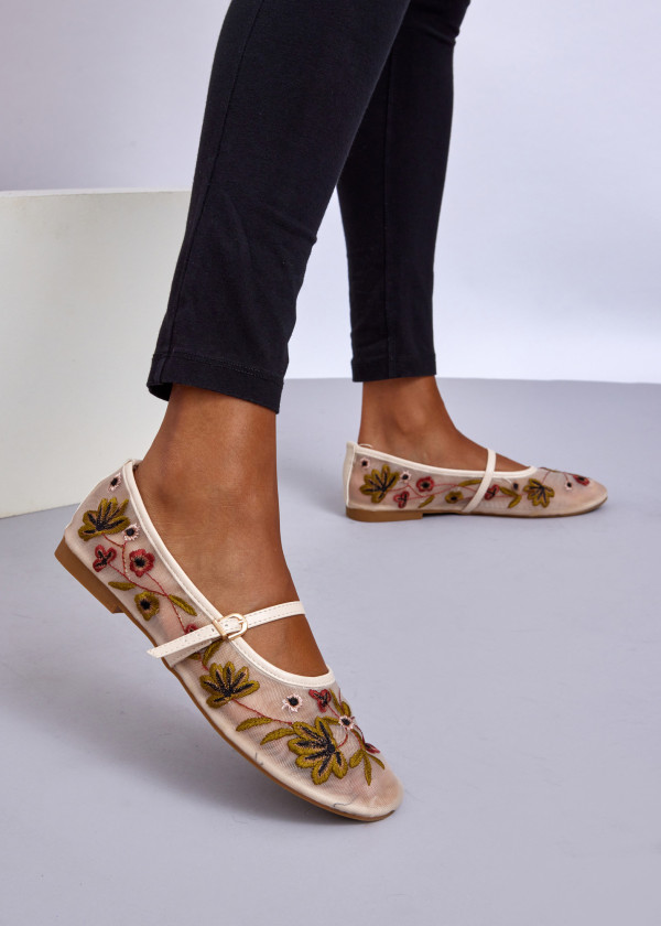 Beige Embroidered Mary Jane Flats