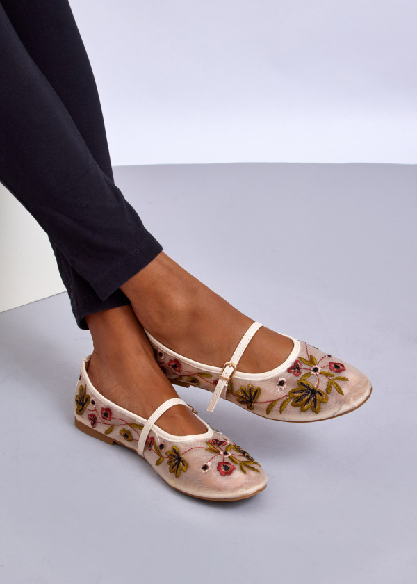 Beige Embroidered Mary Jane Flats 1